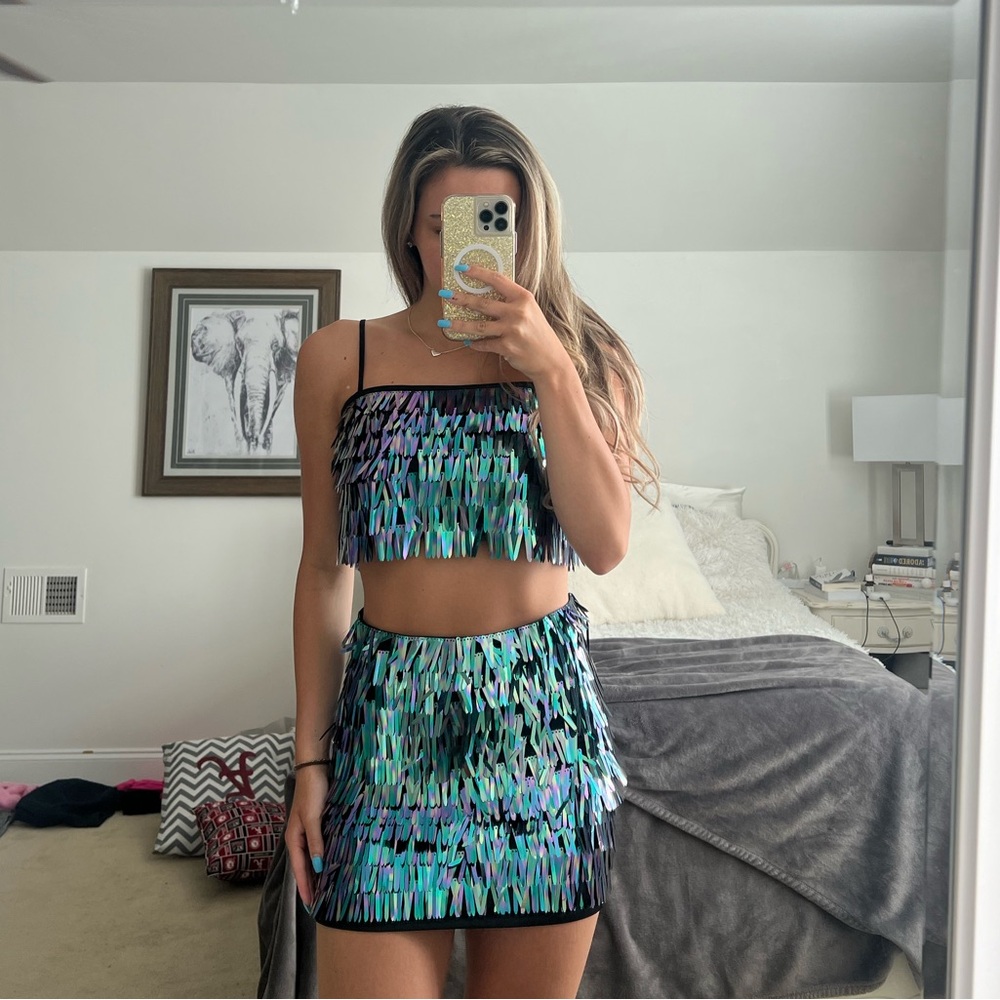 Endless Blu holographic skirt two piece set